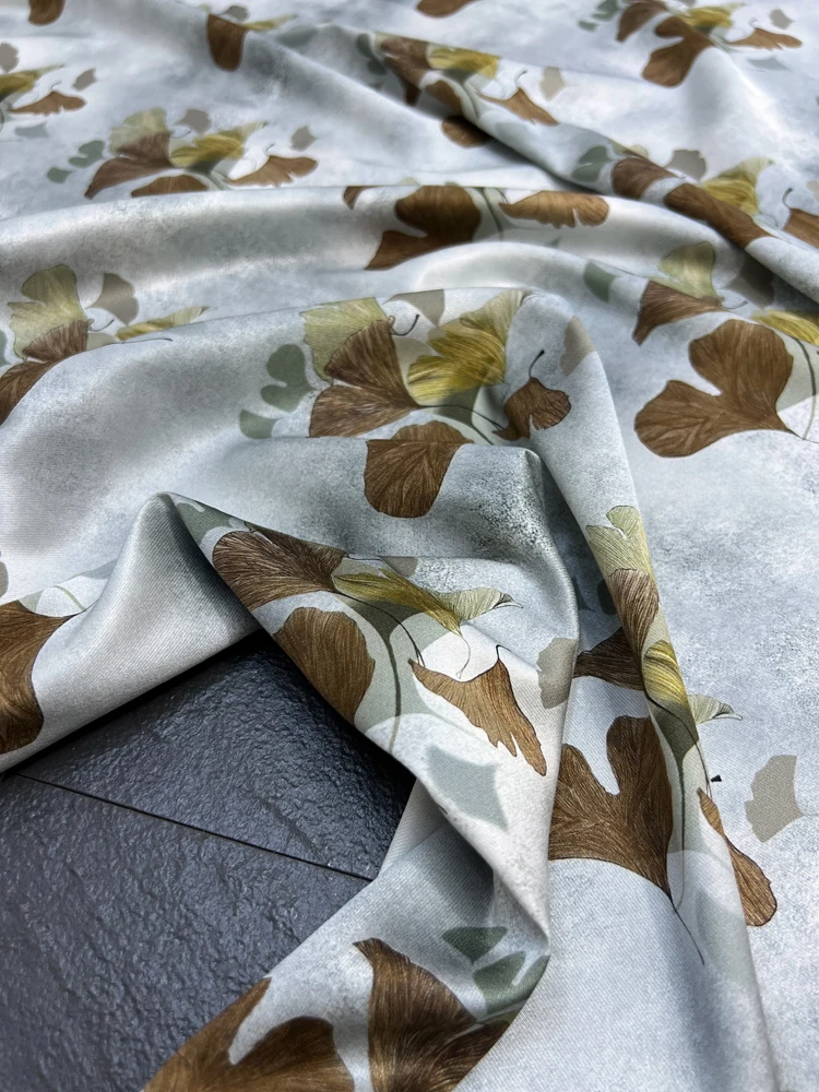 Gray Color Autumn Leaf Printed Stretch Silk Twill Fabric for Dresses and Shirts