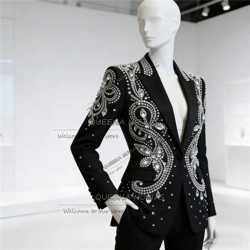 Unique Design Diamonds Stones Women's Suit 2 Pieces пиджак женски Slim Ladies Jacket Pant Customized Wedding Tuxedos