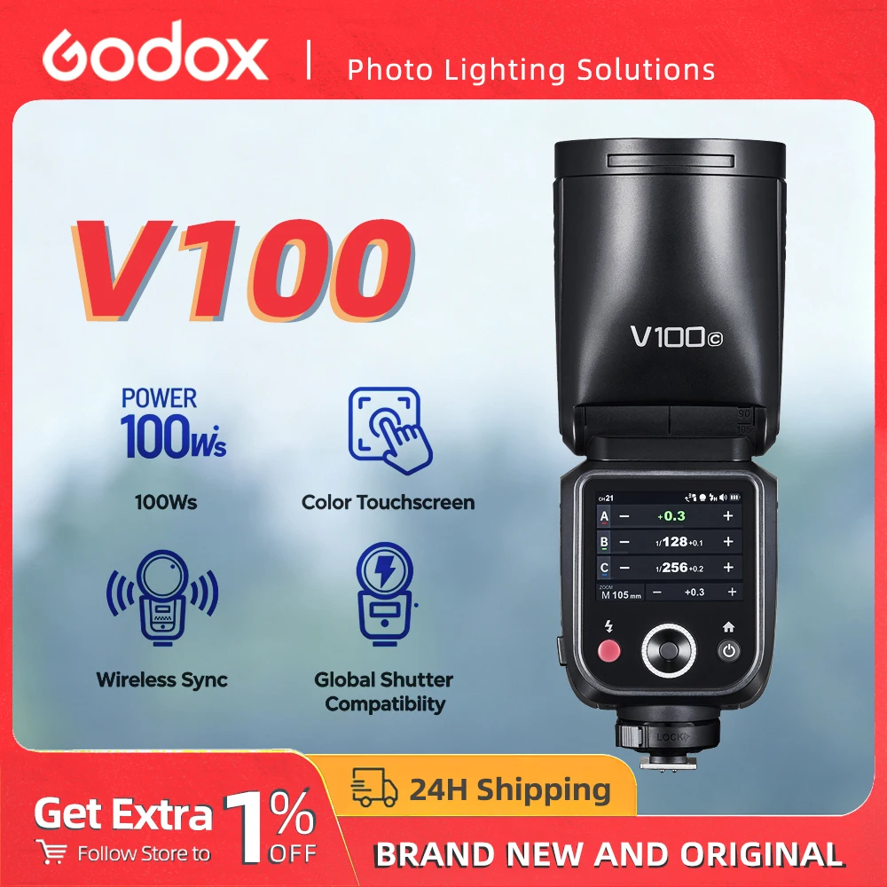 Godox V100 On-Camera Flash Light 100Ws TTL HSS Round Head Wireless Transmission Speedlite for Canon Nikon Sony Fuji Olympus