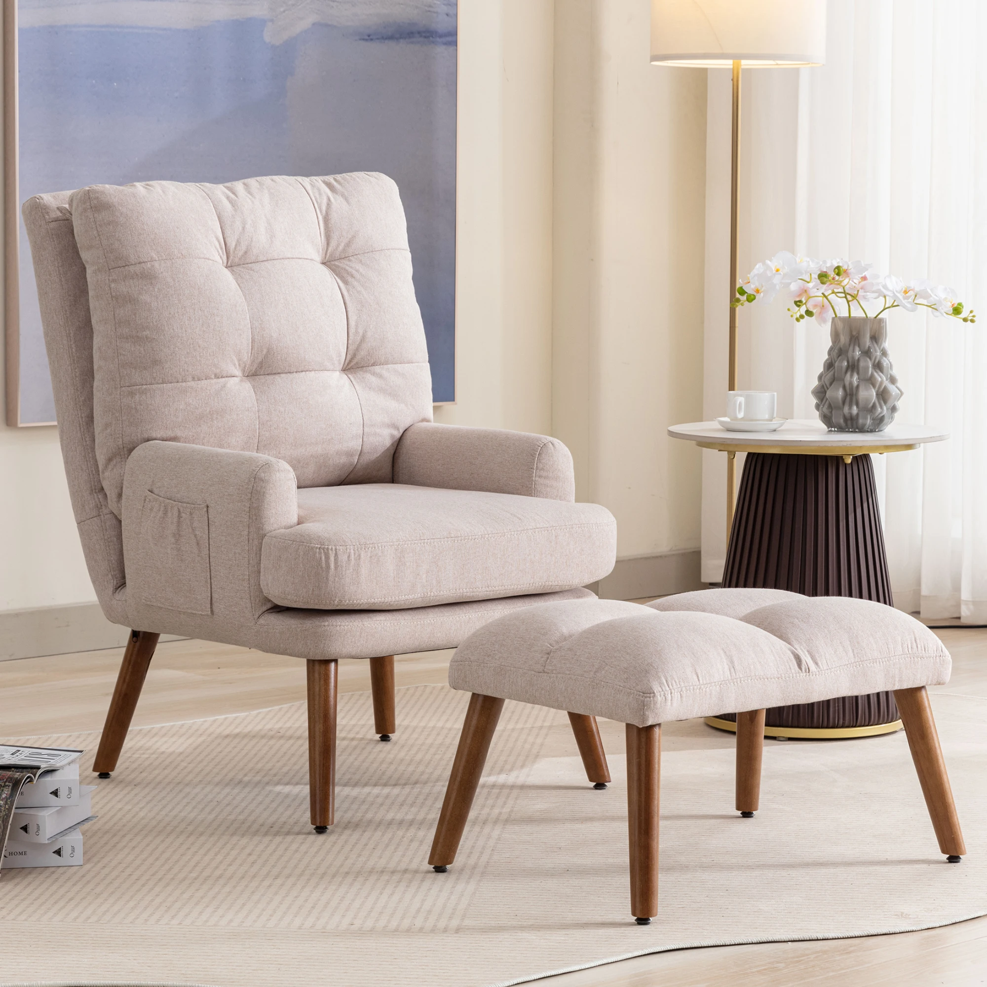 Modern Wood One Seat Tufted Reclining Lounge Chair with Footrest Adjustable Back (3-Position) Side Storage-For Hotel & Villa Use