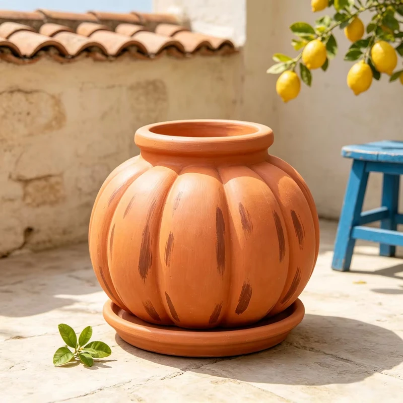 hand-painted flower pot, terracotta-finished decorative flower pot, with matching chassis, suitable for outdoor garden gardens
