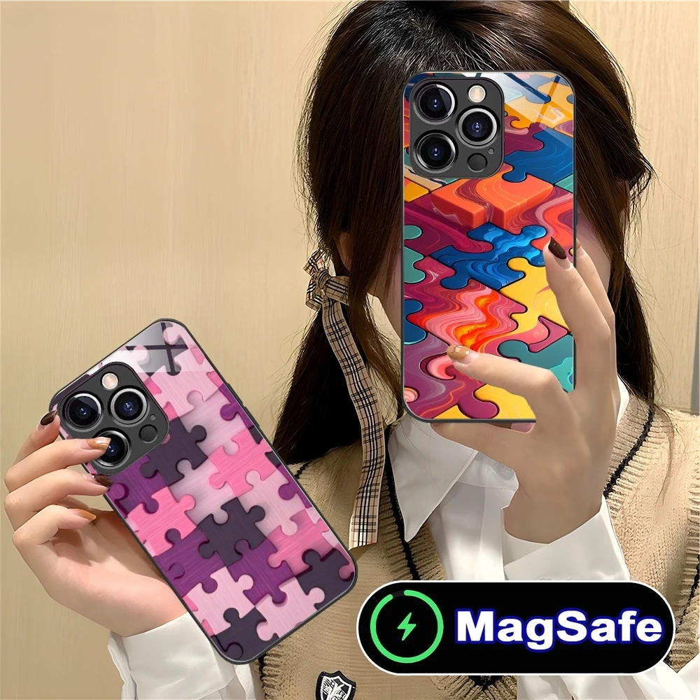 Puzzle Pretty Fashion Mobile Phone Case for iPhone 16 15 14 13 12 11 Pro Max Plus Mini MagSafe Wireless Charging Glass Cover