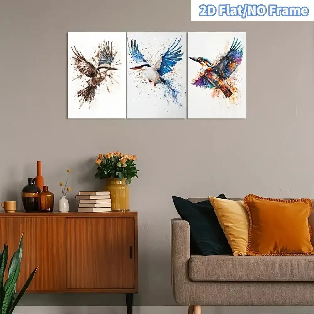 2D Flat, 2D Flat, 2D Flat Frameless 3pcs Watercolor Ink Paintings, Depicting Kangaroo And Parrot Style, Fun And Inspiring Spr