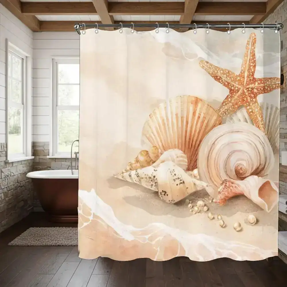 

Seashells And Starfish On Sandy Beach Coastal Theme Decorative Shower Curtain