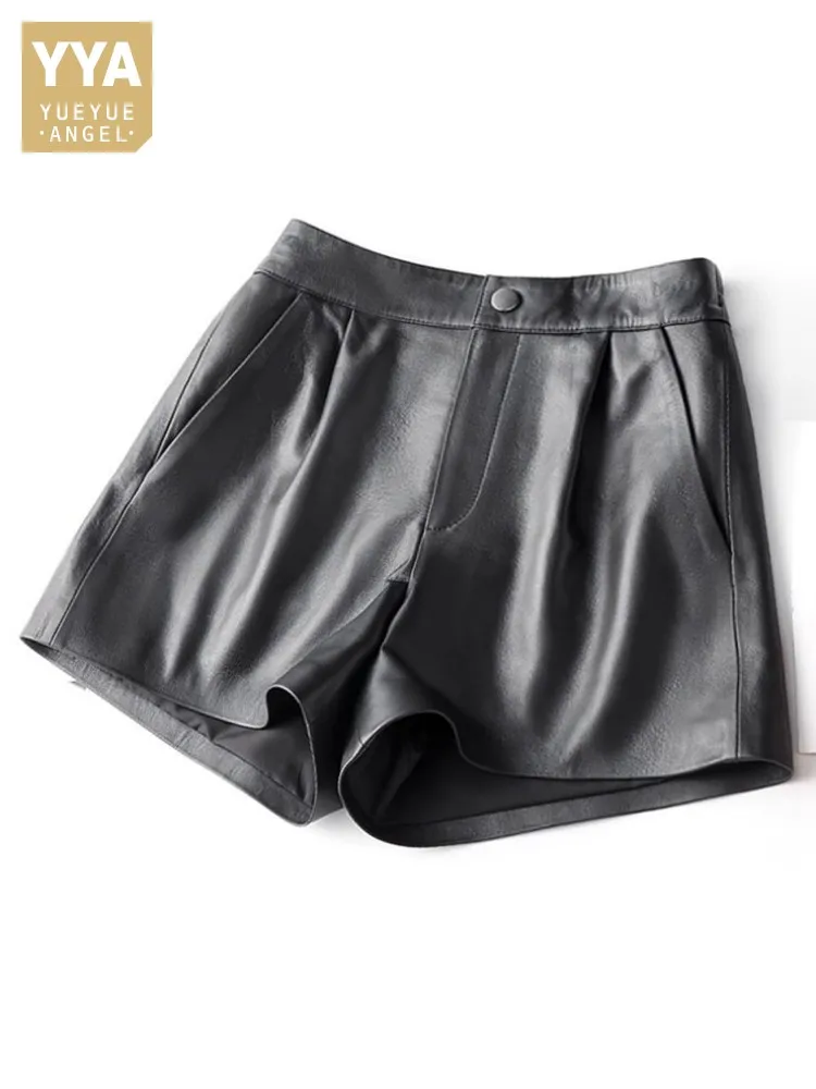 Sheepskin Genuine Leather Women Shorts Elastic High Waist Casual Black Shorts Spring High Steet Fashion Female Wide Leg Shorts