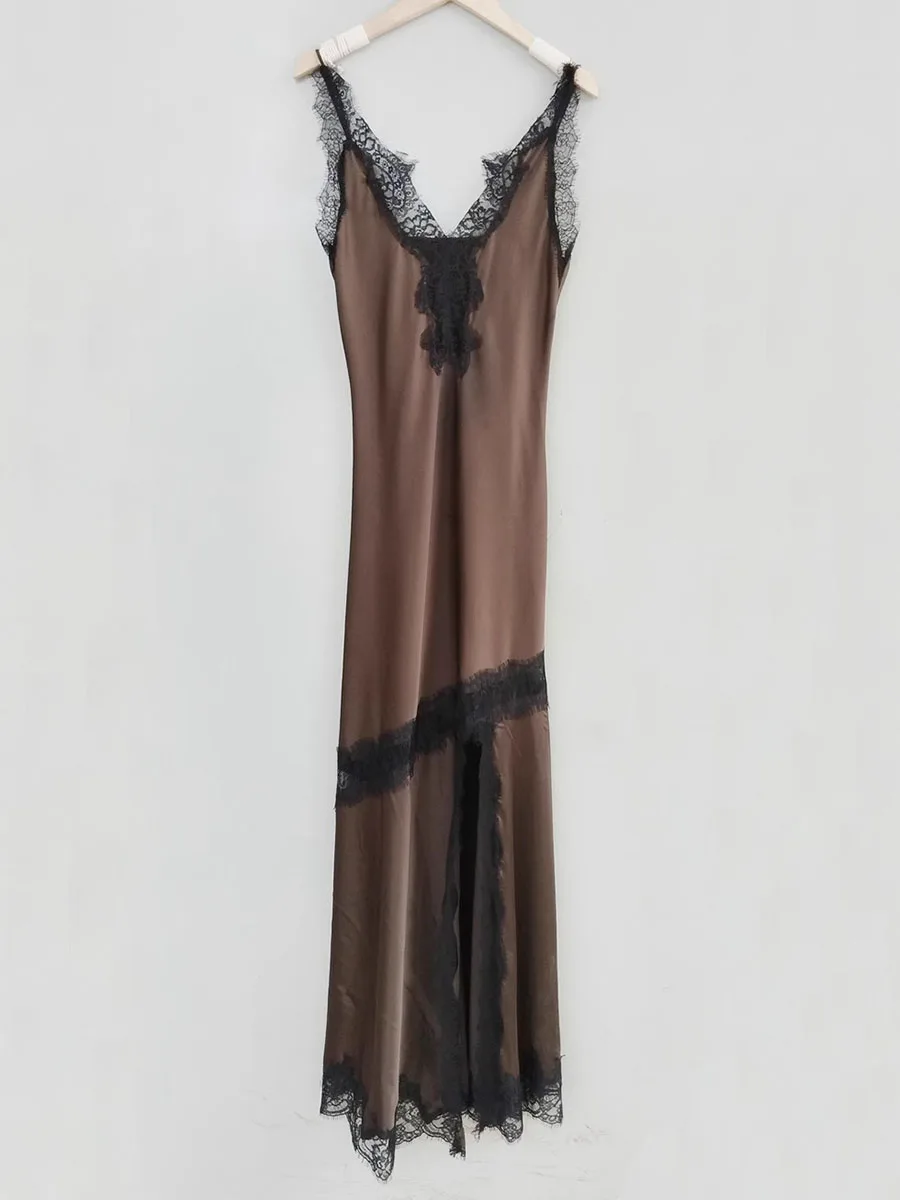 GALCAUR Abiti sexy in pizzo trasparente con giunture di colore di successo per le donne Abito elegante diviso senza maniche con scollo a V Stile di abbigliamento di moda femminile