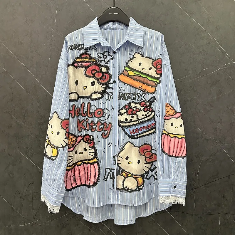 ハローキティトレンド女性のシャツストライプ長袖ルーズトップスかわいい女の子カジュアル Tシャツストリート原宿シャツ 2025 春