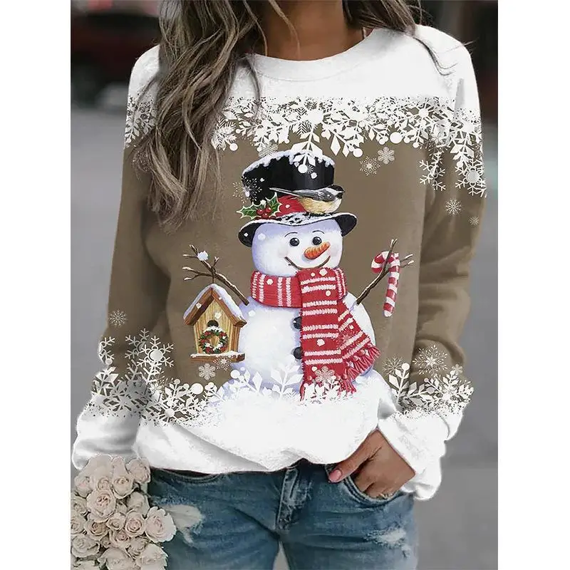 2024 New Women\'s Crew Neck Sweatshirt Christmas Snowman 3D Print Women\'s Top Long Sleeved Casual Pullover Women\'s Sweatshirt