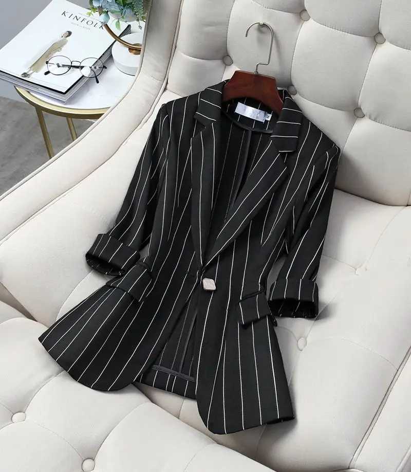 

Slim Fit ort Sve Women's Jaet Spring Summer New Sle Thin Seven Sve Busin Casual Trendy Striped Top