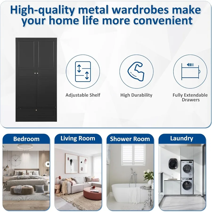 Metal Armoire Wardrobe Closet with 2 Doors and 72'' Tall Cabinet Featuring Adjustable Shelves Hanging Rail and Integrated Drawe