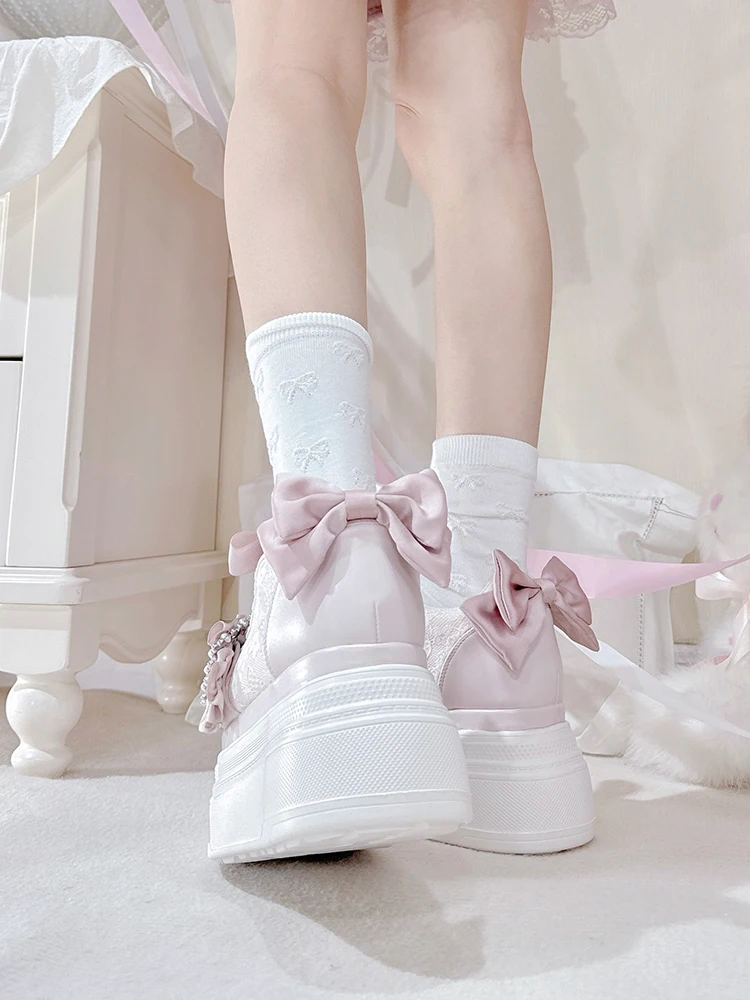 Original Japanese Mine Mass-produced Pink Platform Shoes Spring and Autumn 2025 Japanese Sweet Girl's Cute Bow Lace-up Pumps