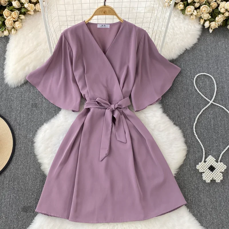 OCEANLOVE Vestidos Para Mujer Flare Sleeve Bow Bandage Solid V Neck Sexy Women Dresses Korean Fashion Summer Dress Elegant