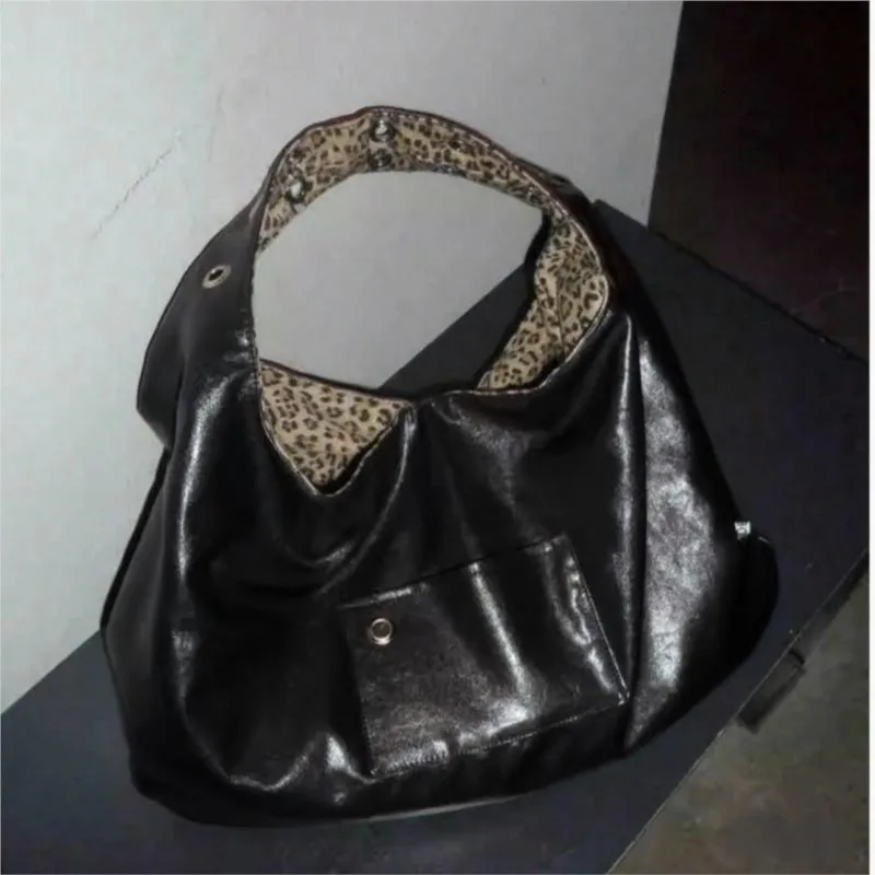 

JIAERDI Hot Girls Black Underarm Bag Y2k Women Retro Leather Leopard Pattern Large Capacity Tote Bag Female High Street Handbag