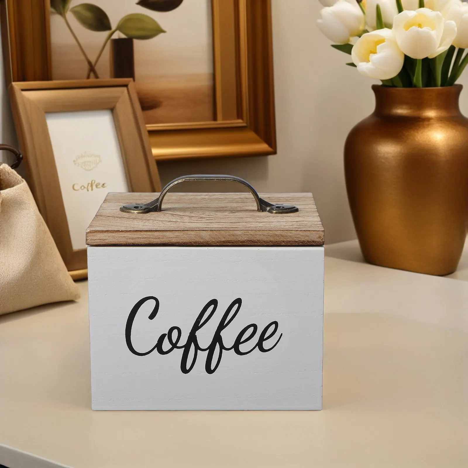 Coffee Capsule Storage Box Wooden Vintage White Dustproof Lid Organizer for Kitchen Tea Bags Sugar Packets Home Countertop