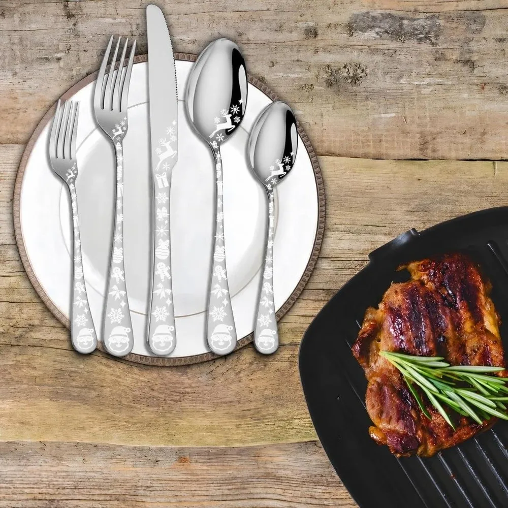 20 PCS Stainless Steel Silverware Set Silver Christmas Pattern Flatware Cutlery Set Easy to clean Round Edge