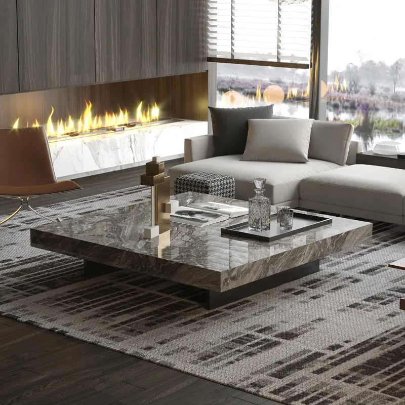 طاولة قهوة من الرخام الطبيعي المستوردة، غرفة معيشة مربعة، تصميم بسيط من الحجر الفاخر، بني فينيسي