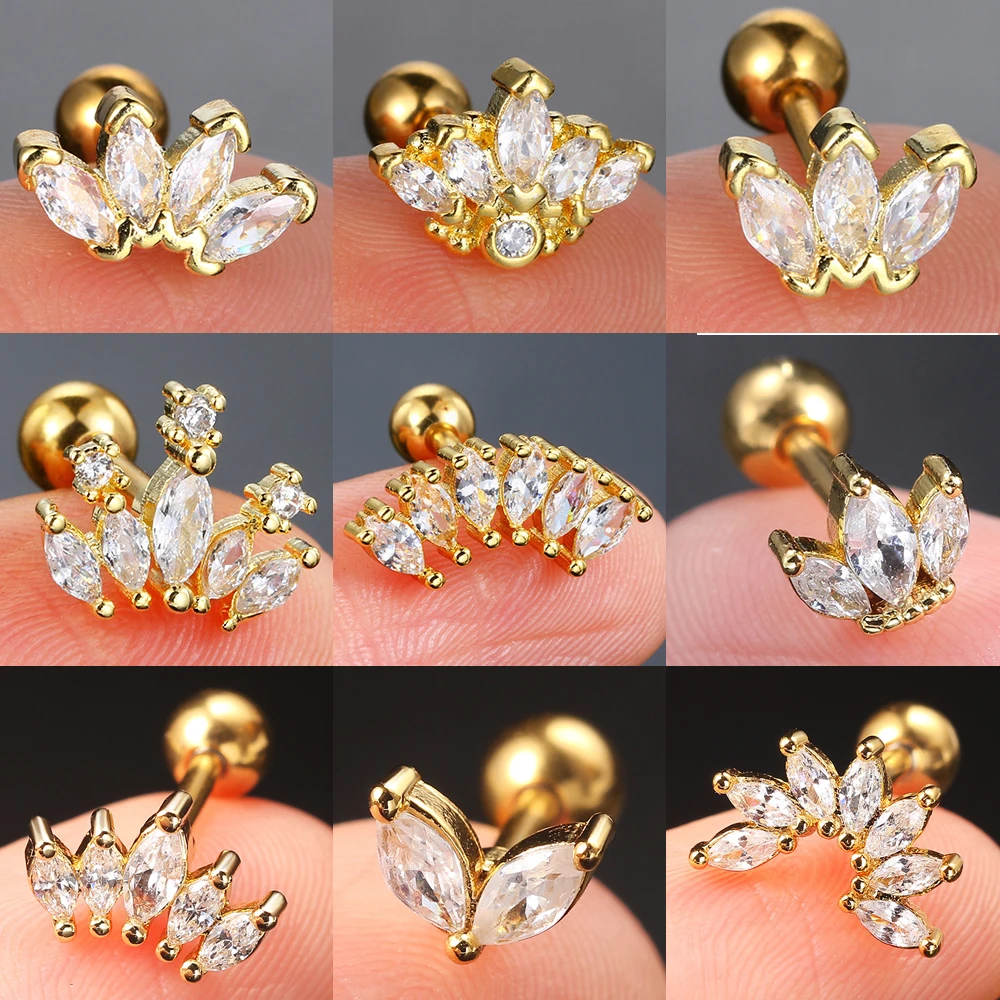 1pc Tragus Piercing Ear Stud Earring For Women Girls Cubic Zirconia Crown Small Helix Pierced Gold Color Ear Accessories Gifts