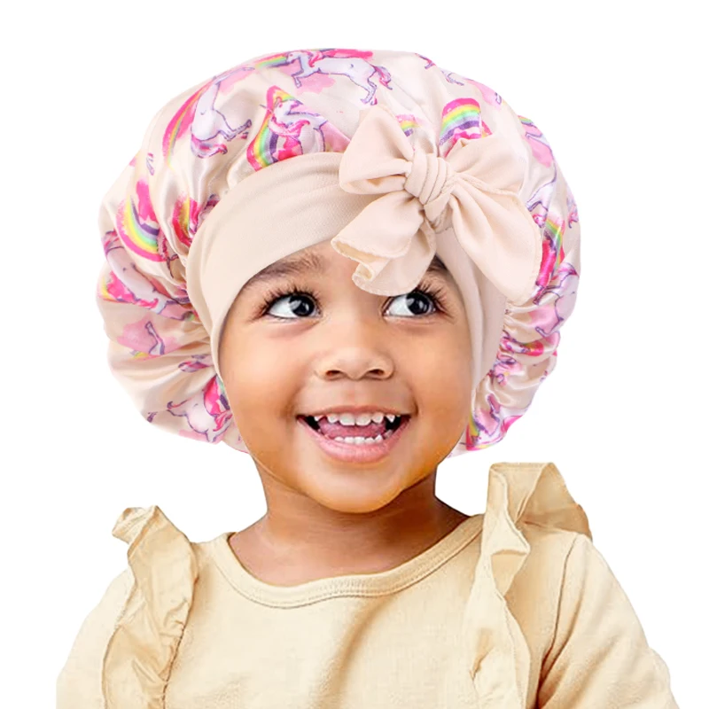 Neue Kinder Einhorn Satin Motorhaube Breites Gummiband Band Schlafen Kappe Lockiges Natürliches Haar Kind Nacht Kappen Dusche Kappe Kopftuch – Detail 8