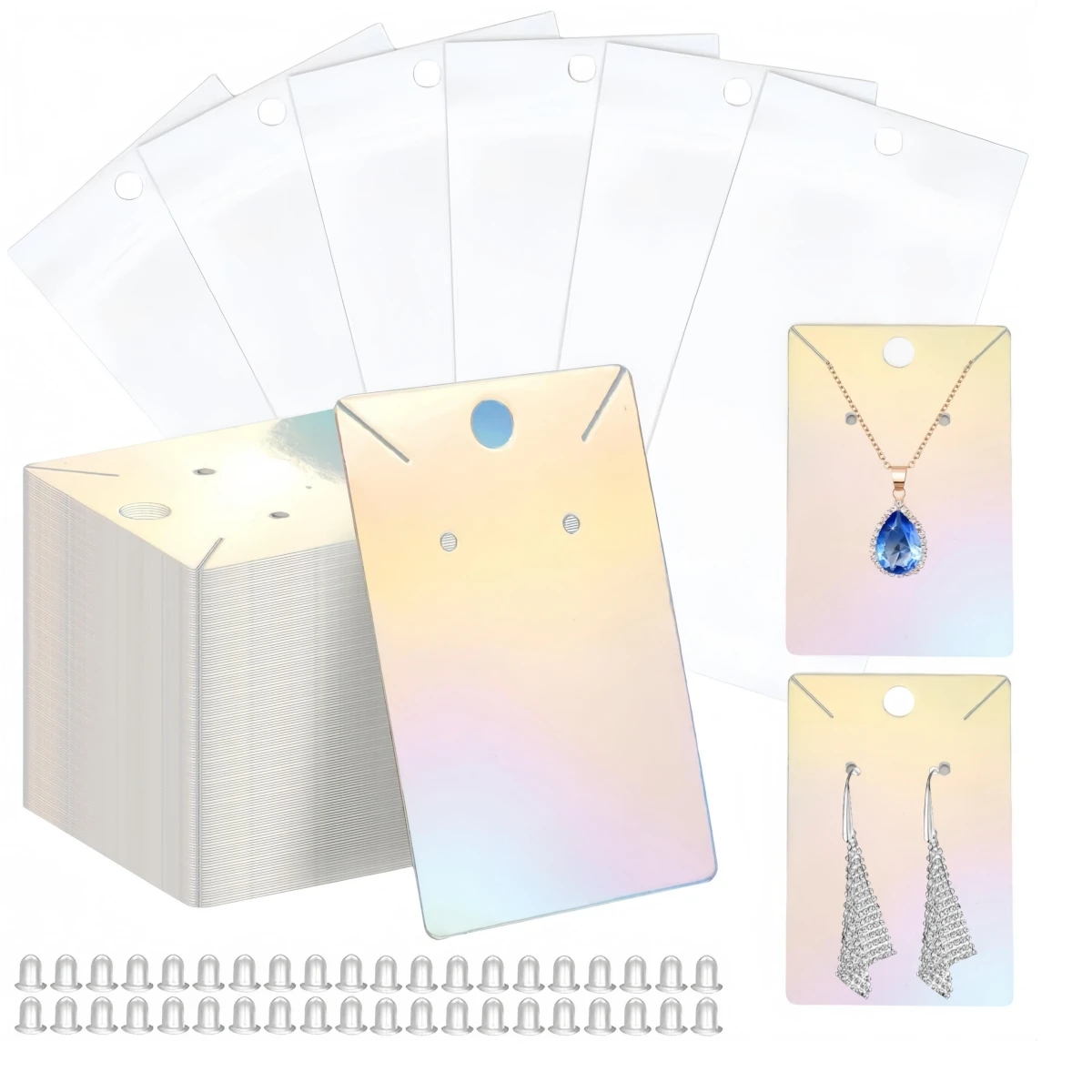 100/400 pcs Holographic Earring Cards Kit, Include Earring Display Cards Earring Backs and Jewelry Packaging Bags