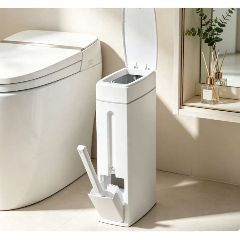  Narrow Bathroom Trash Can with Lid and Toilet Brush Combo, Space Saving Small Garbage Bin, Compact Bathroom Toilet Accessories 