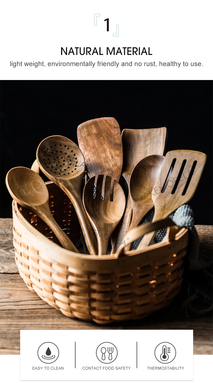 Lot De 9 Cuillères En Bois De Teck Avec Porte-ustensiles - Classique - Neuf