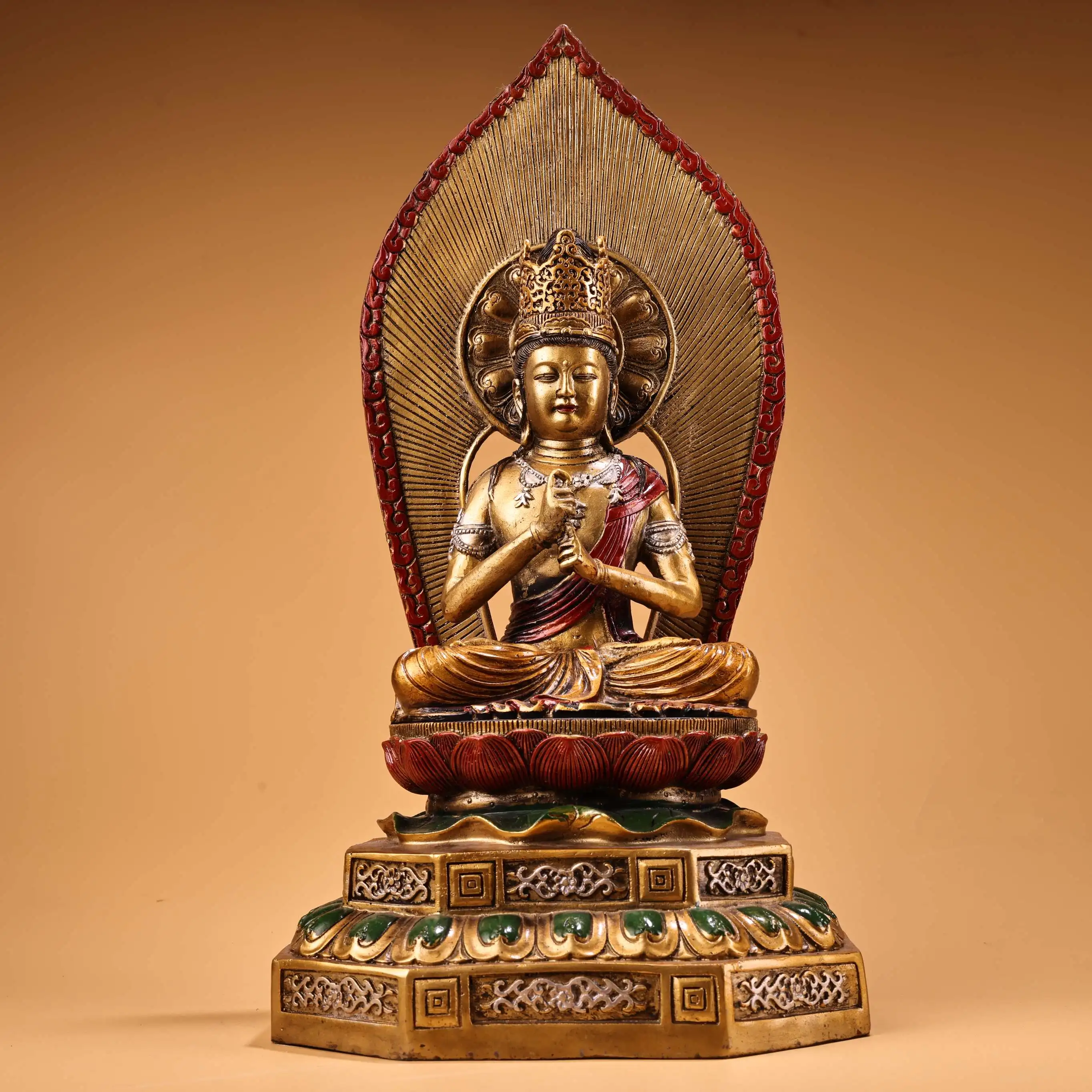 Nepalese Temples Old Bronze Painted High Relief Bodhisattva Akashagarbha Sitting Buddha Backlit Buddha Platform Worship Hall