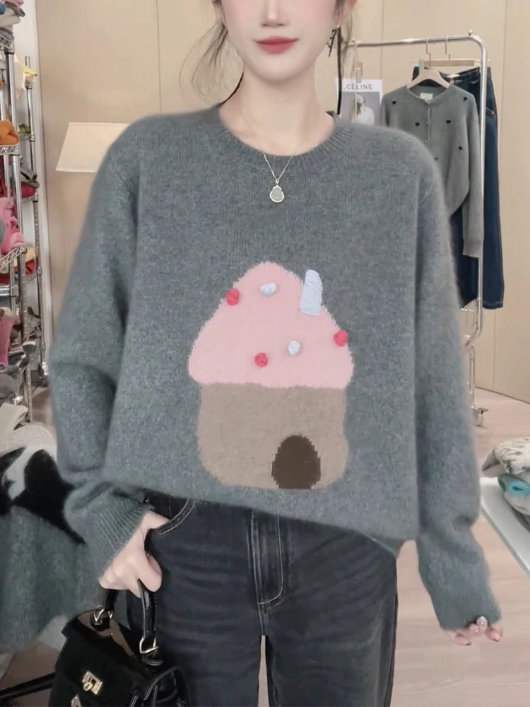 

Korean Sle Thiened Lazy Cartoon Sle Oversized oulder Winter Sweater for plus Size Women Comfortable Knitted Woolen Top