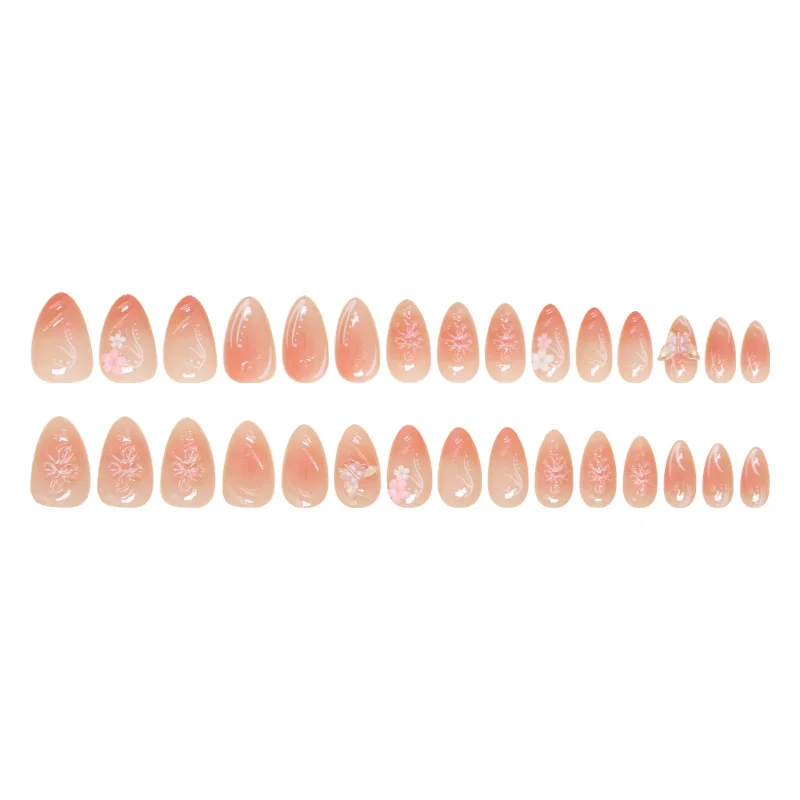 24pcs Wearablr Almond False Nail Tips Blush Pink Press On Nails con 3D Flower Butterfly Decor patch per unghie finte rimovibili