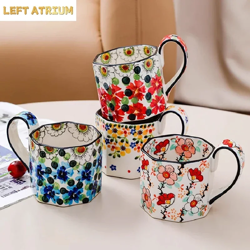 400ML Retro Flower Mug Ceramic Coffee Cup Polygon Milk Tea Cup Kitchen Bar Supplies Breakfast Milk Mug Office Drinking Cup