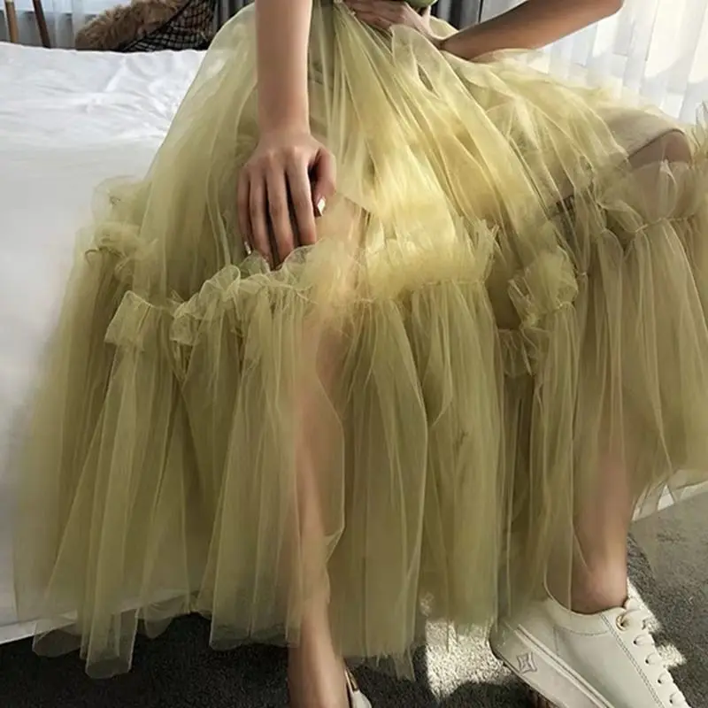 Autumn Winter Vintage Tulle Skirt Women Elastic High Waist Mesh Skirts Fashion Sweet Long Pleated Tutu Skirt Female Jupe Longue