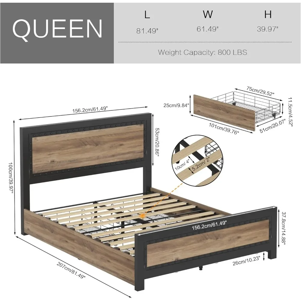 Queen Size Bed Frame with 4 Storage Drawers, Solid Wood Slats Support, Metal Frame Mattress Foundation, Rivet Modern Bed Frame