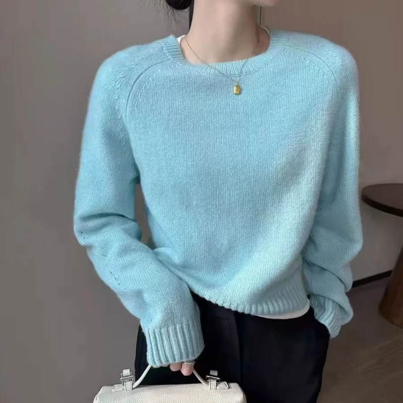 Women's Pure Cashmere Blue Round Neck Long Sleeve Knitted Sweater Autumn/Winter 2024 New Arrival Versatile Simple and Elegant Pu