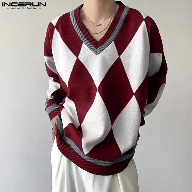 Men Long Sleeve Knitted Sweatshirts INCERUN Diamond Lattice Printing Hoodies V-Neck Simple Pullovers Handsome Commuting Jumpers