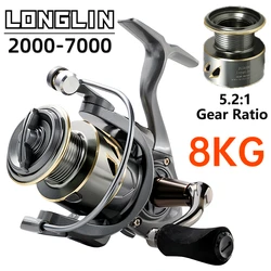 5.2:1 High Speed Spinning Fishing Reel Ultra Smooth Long Casting Carp Feeder Wheel 8kg Drag System 2000-7000 Series Metal Coil