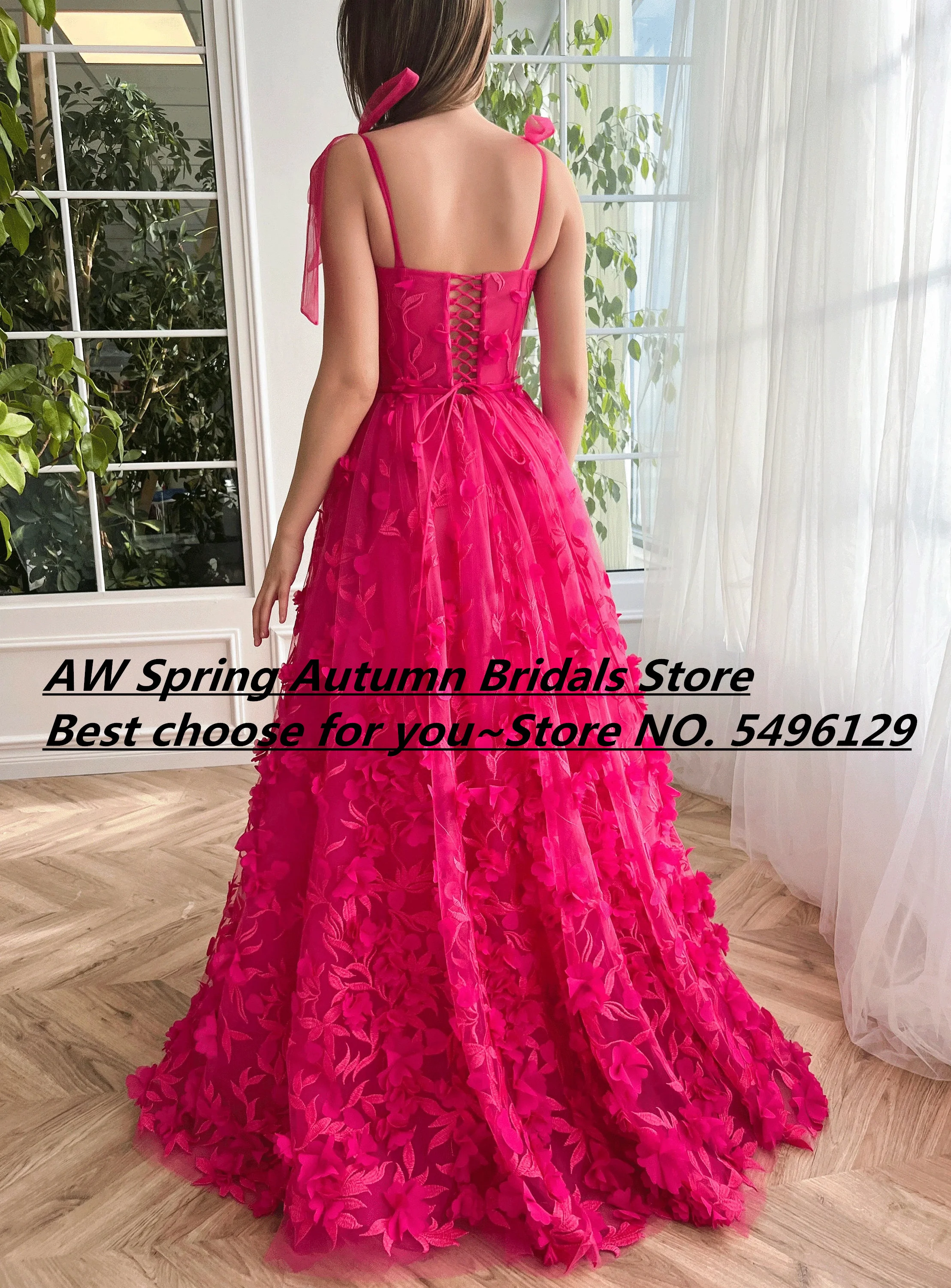 Elegant Lace Fuchsia 3D Flowers Leaves Prom Dresses Sexy Straps High Split A line Boho Fairy Prom Evening Party Gowns 2024