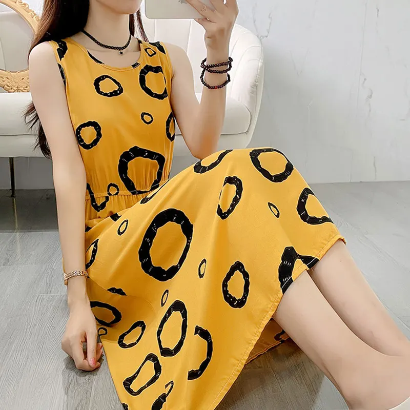 Stylish Casual Sleeveless Printed Dresses Female Clothing Vintage Floral Summer A-Line Waist Spliced Daily Round Neck Midi Dress