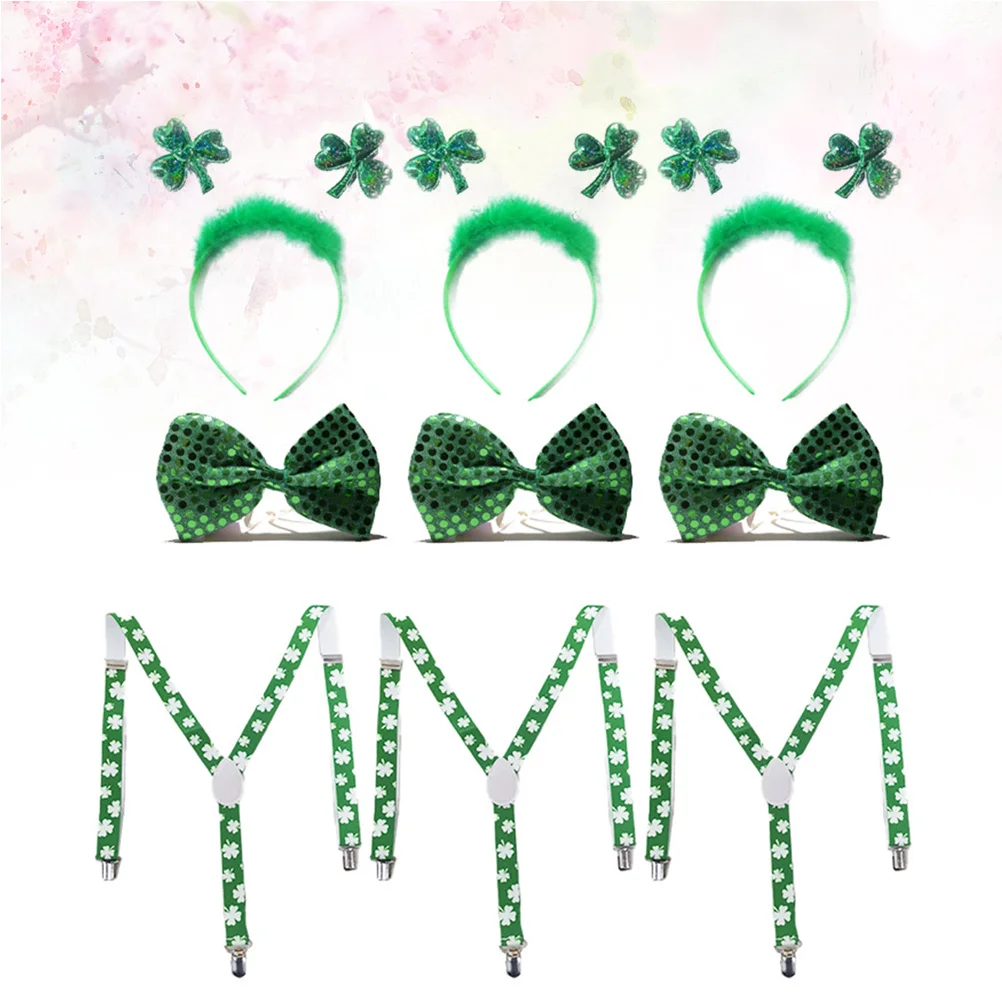 

9Pcs Festival Decoration Set Party Suspenders Set St Patrick's Day Accessories Hair Clasp Shamrock Necktie for Daily Party