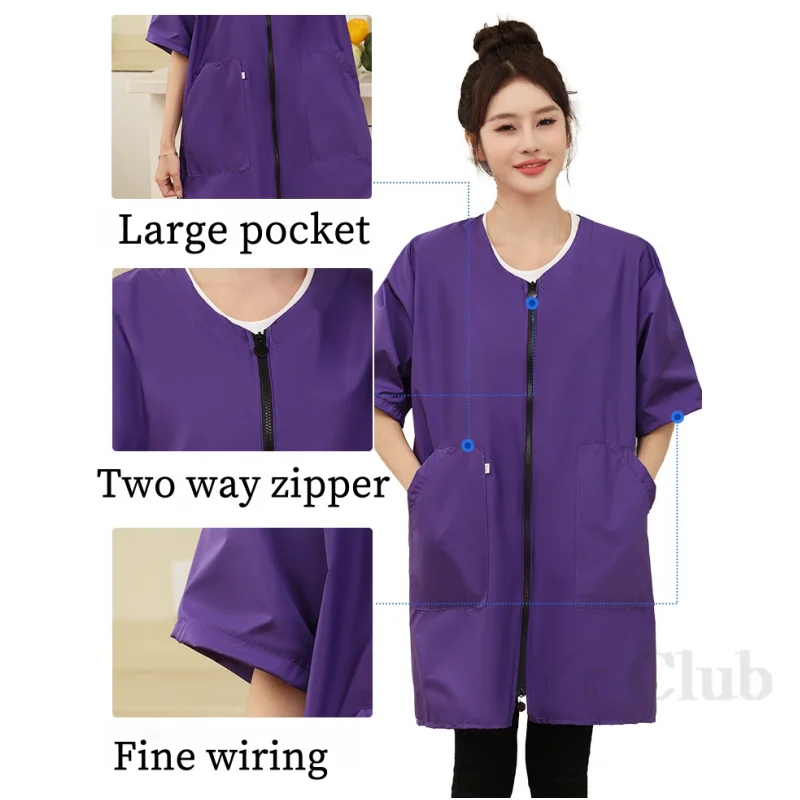 Short Sleeved Kitchen Women's Waterproof And Oil Resistant Kitchen And Home Coat Work Clothes  Pet Clothing Two Way Zipper Apron