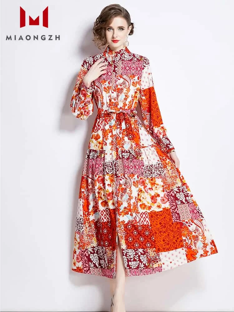 

Новинка весны 2024 года для женщин, винтажные платья с принтом, воротник-стойка, длинный рукав, высокая талия, свободное женское модное вечернее платье на шнуровке