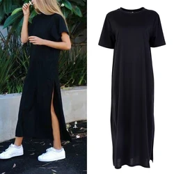 Women's Crew Neck Slimming Short Sleeve Dress Elegant Casual High Split Summer Versatile Solid Color Long Dress