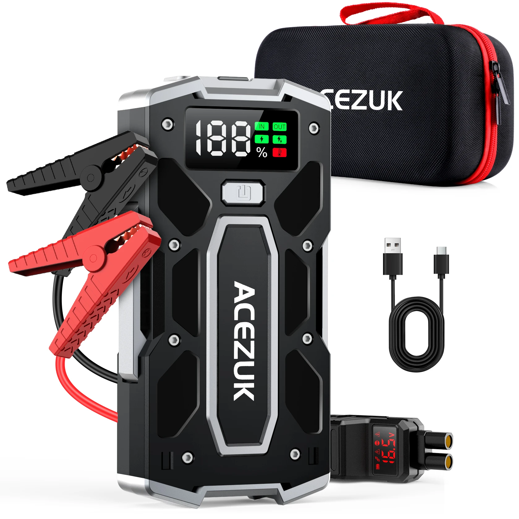 ACEZUK 5000A Jump Starter with Portable Carry Case 12V Display Smart Clip Portable Power Bank Super Bright LED Light