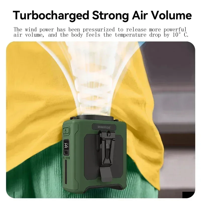 10000mAh Portable Waist Fan with Power Bank LED Lighting Hanging Neck Fan 5 Speed Strong Airflow Cooling Fan for Outdoor Working