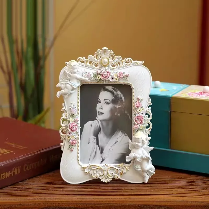 Retro White Rose Border Cupid Angel Bedside Photo Frame, Desktop Foyer Showcase Window Study Room Decoration Photo Frame