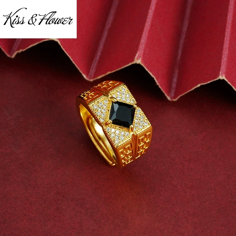 

KISS&FLOWER Gold Luxury Square Open Rings For Man Male Wedding Party Birthday Christmas Groom Father Boyfriend Gifts RI239