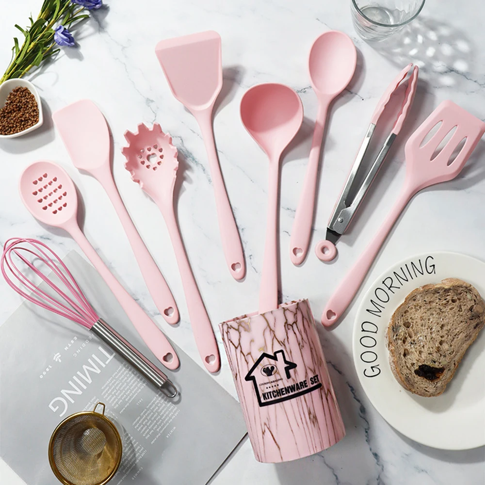 10Pcs Pink Silicone Cooking Utensils Set Non-Stick Pan Baking Tools Kitchenware Spatula Spoon Food Tongs Kitchen Kit with Box