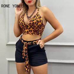 Women Two Pieces Cheetah Print Crop Top & Plain Pocket Design Shorts Set Outfit Summer suit