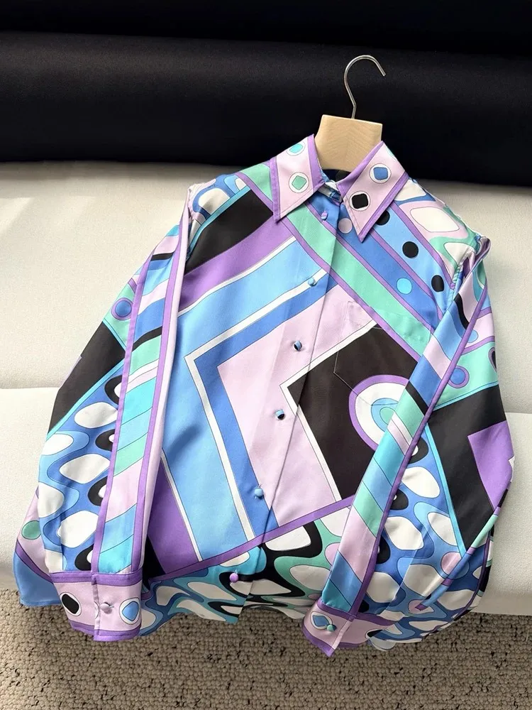 Spring Summer Fashion High Quality Real Silk Blouses Women's Turn-down Collar Single Breasted Geometric Print Long Sleeve Shirt