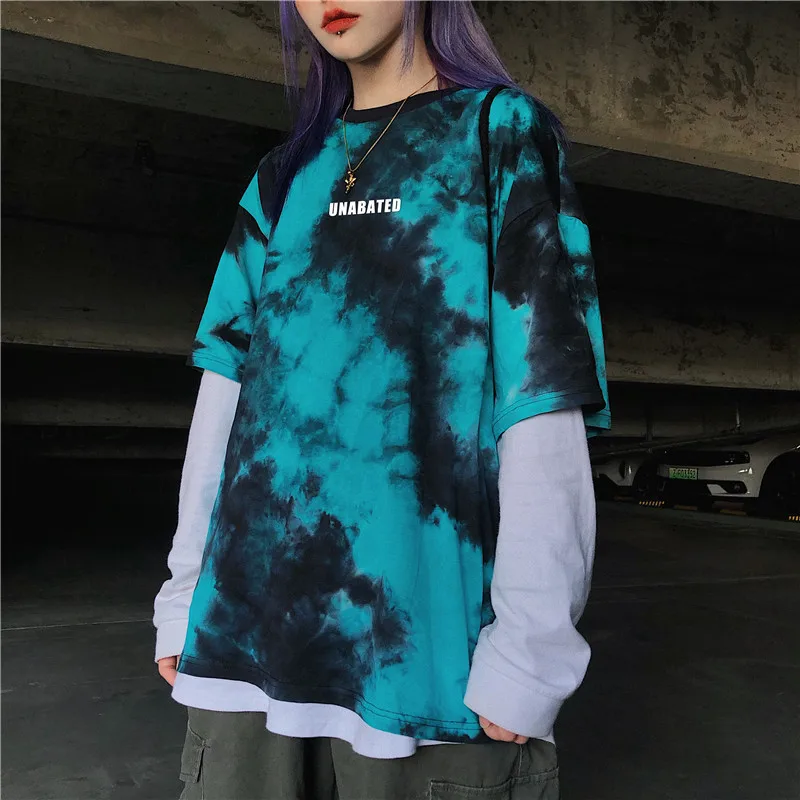 Roupas vintage de rua Y2K punk Harajuku tie dye top de manga curta para mulheres de verão 2024 moda em torno do pescoço solto hip-hop