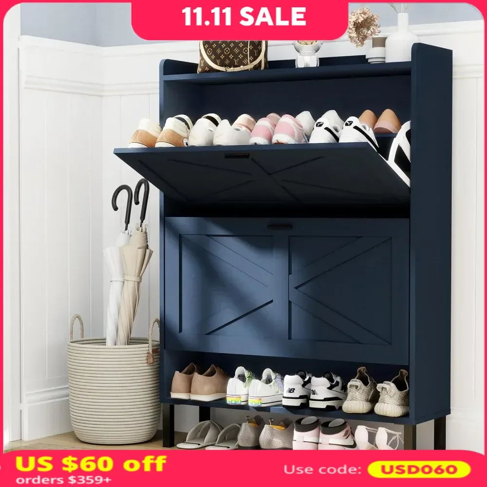

Shoe Rack Cabinet with 2 Flip Drawers, Wooden Freestanding Organizer Cabinet, Slim Narrow Rack for Entryway, Holds 24 Pairs