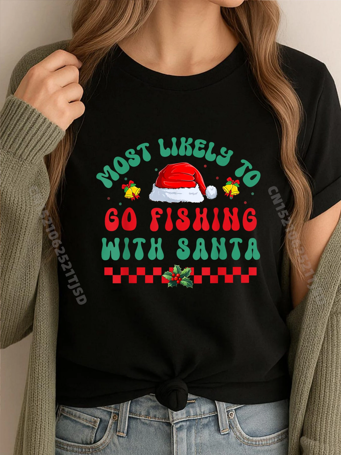 

Самая Likely To Go Fishing With Santa Fishing Рождественские рубашки Женская роскошная футболка с графическим рисунком Ретро стираная футболка Игра